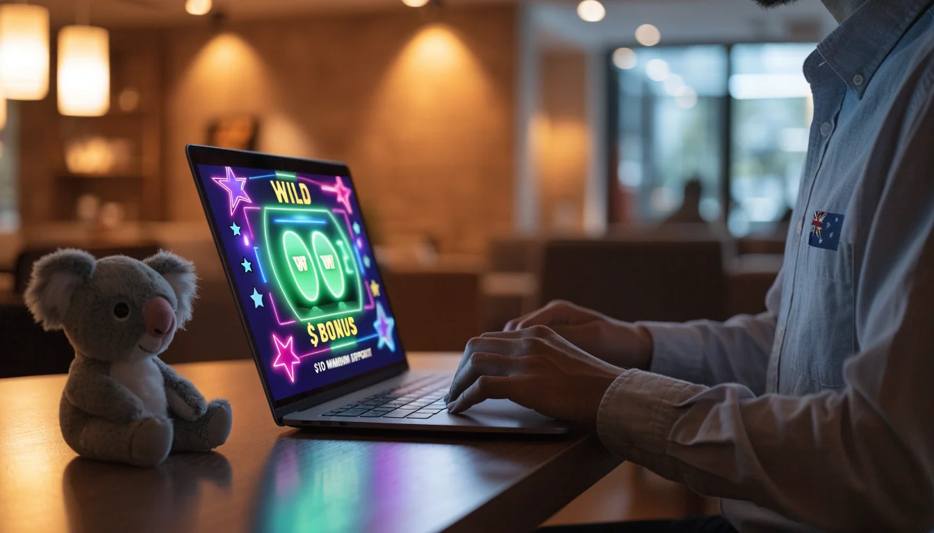 Australian casino desk with laptop showing slot game and koala plush.