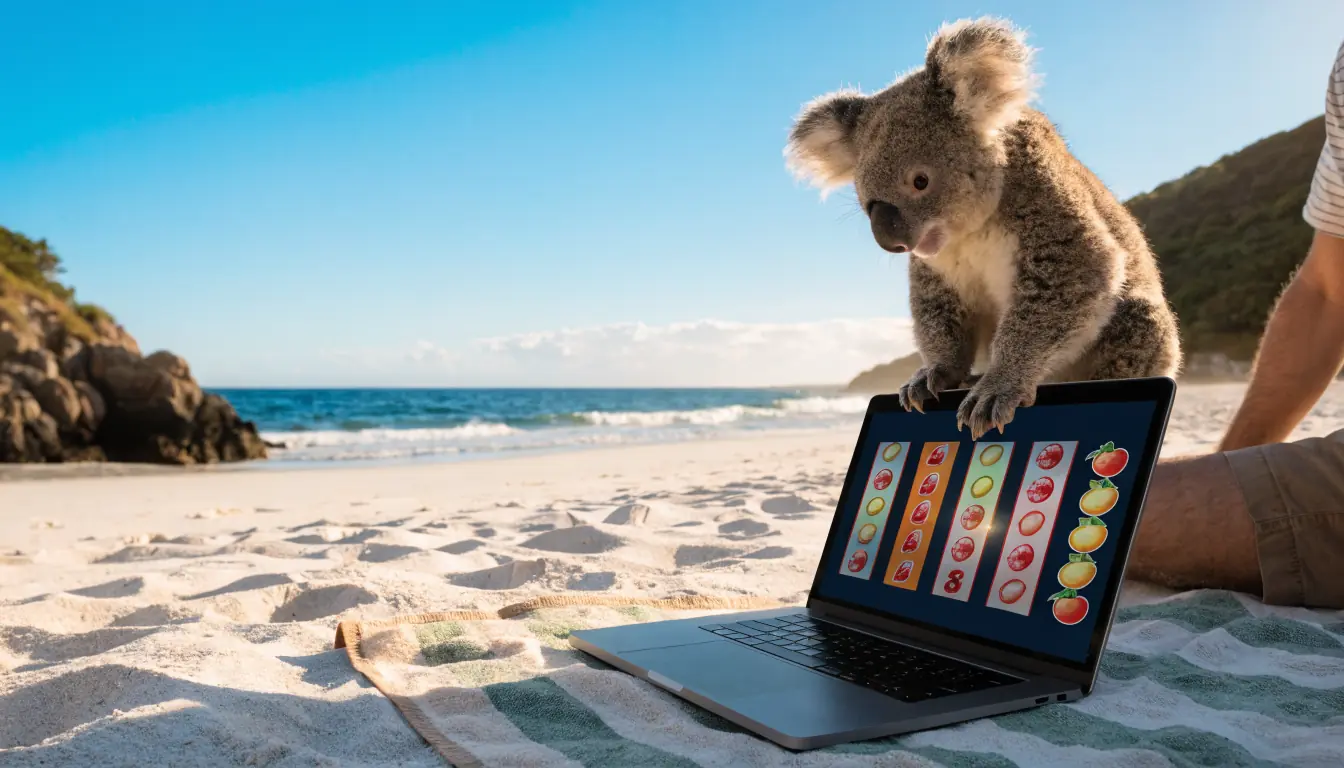 Laptop on beach showing spinning slot reels, koala watching.