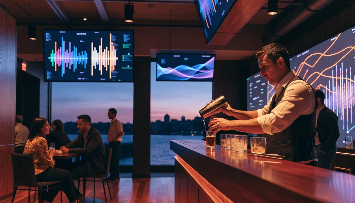 Modern Australian casino interior with digital screens and Harbour view