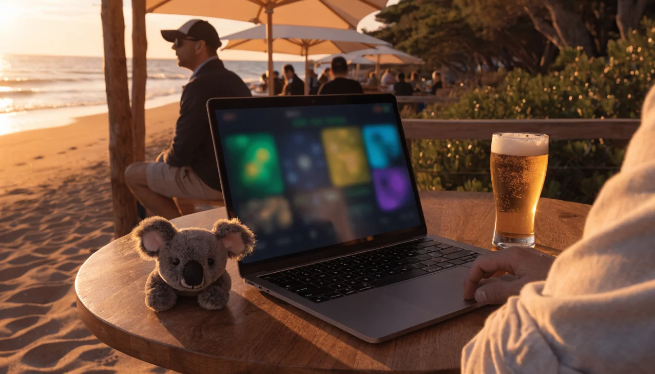 Australian beach bar with laptop showing crypto casino UI