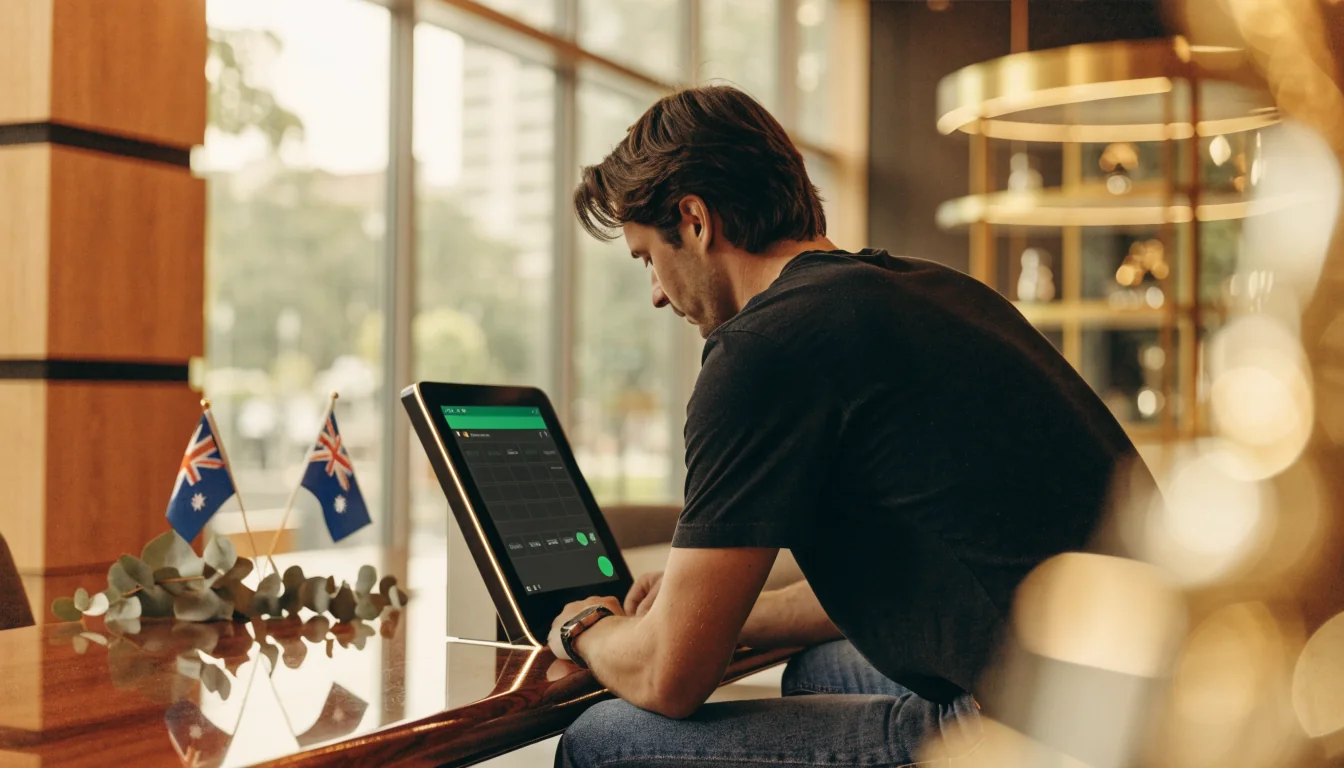 Australian casino interior with digital betting terminal and eucalyptus décor