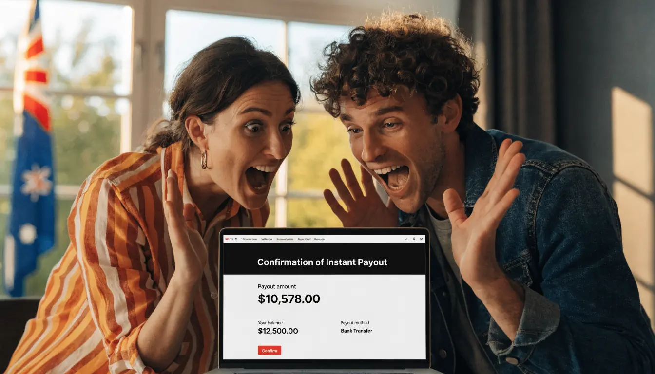 Australian couple celebrating instant casino payout on laptop.
