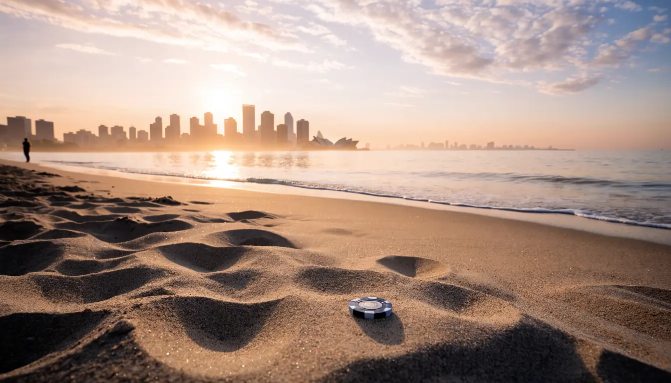 Sunrise beach with casino chip on sand and Australian skyline.