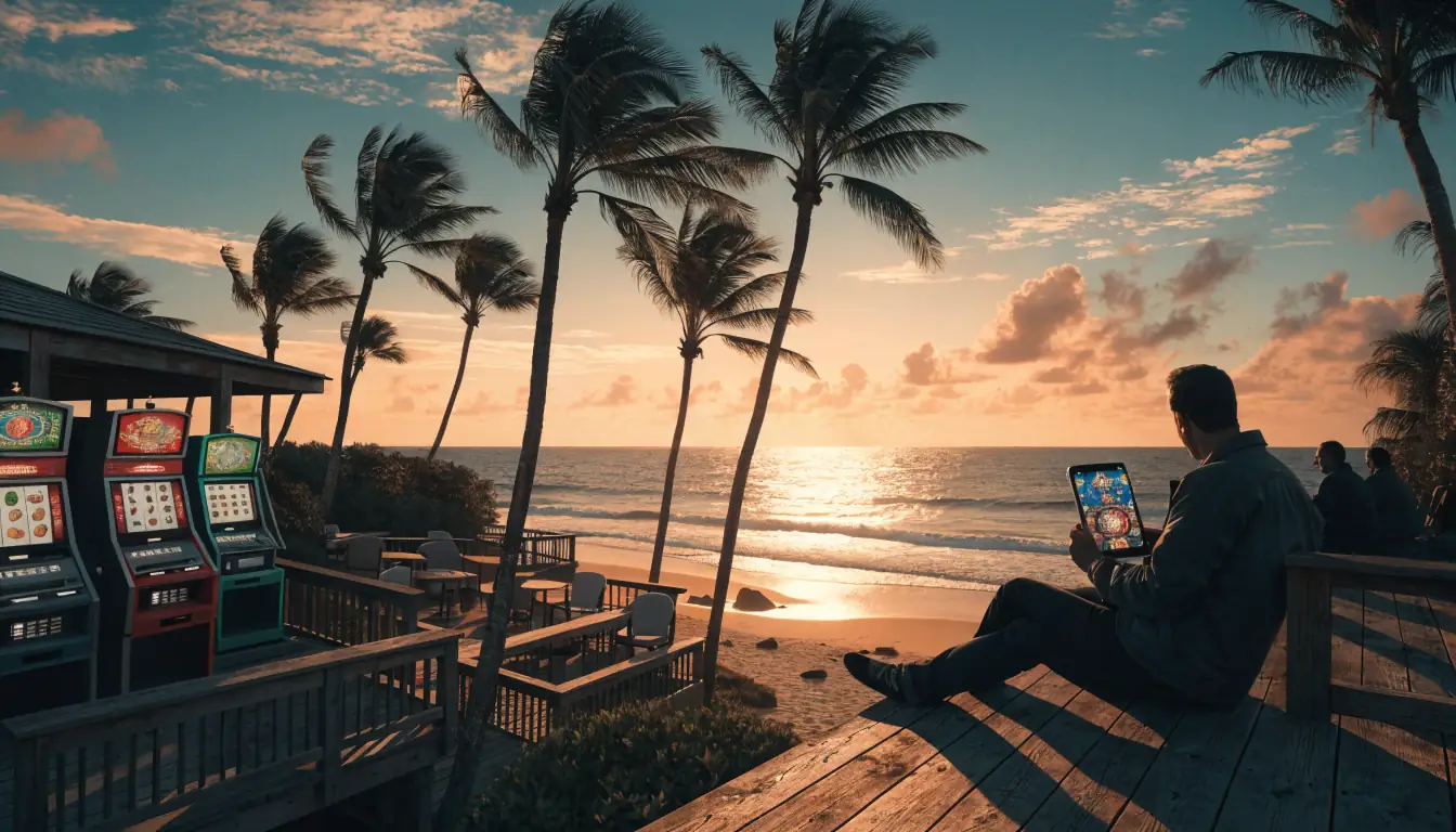 Australian beach lounge with slot machines at sunset