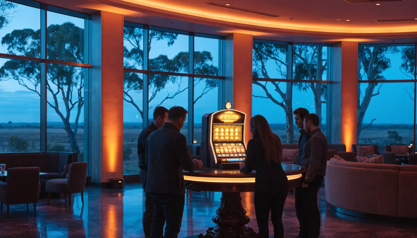 Australian casino lounge with glowing jackpot slot machine at sunset