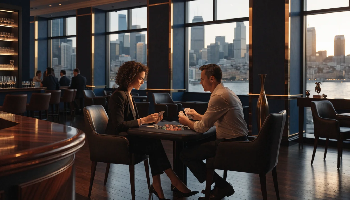 Luxurious Australian casino VIP lounge with harbor view at dusk