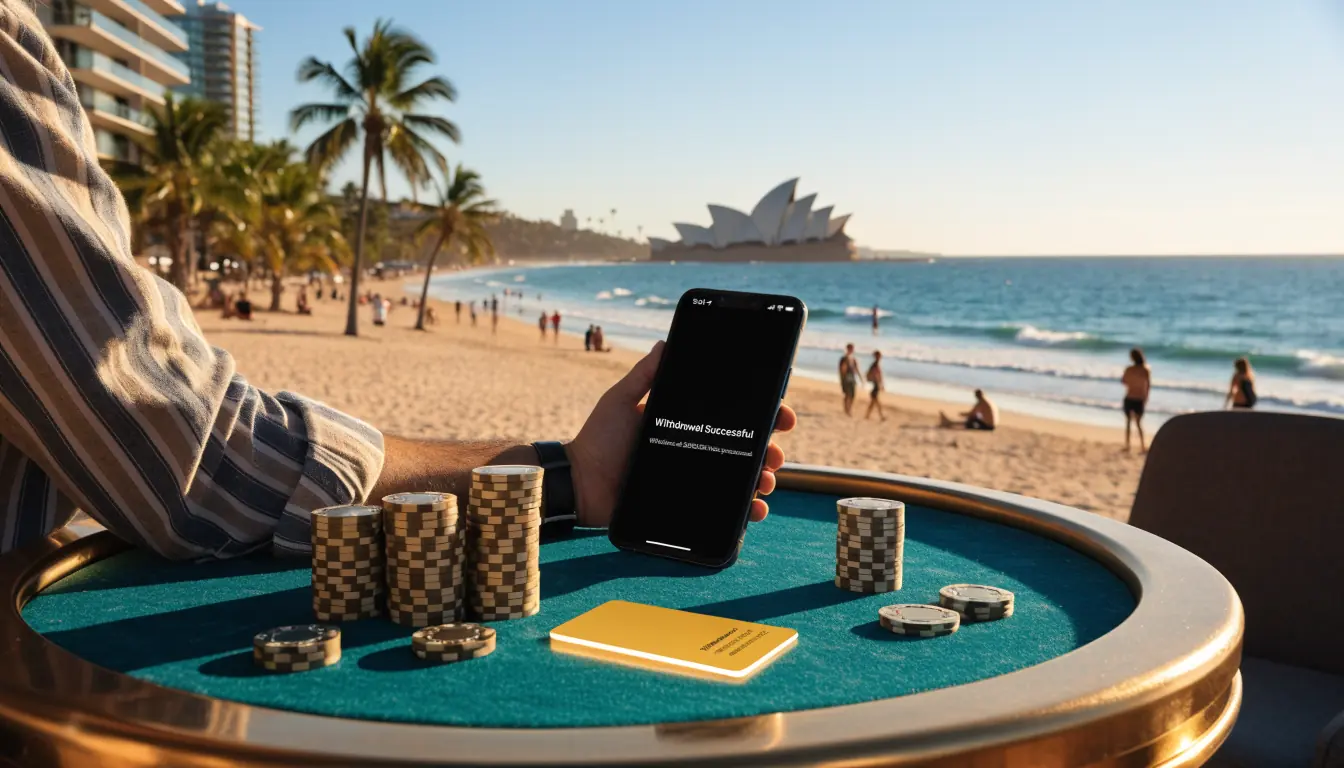 Australian beach lounge with casino chips, credit card and withdrawal confirmation on phone