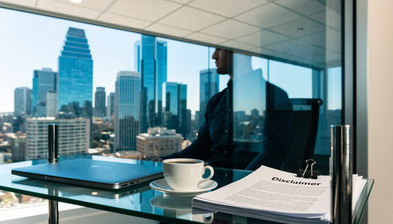 Australian office window view with disclaimer documents on desk