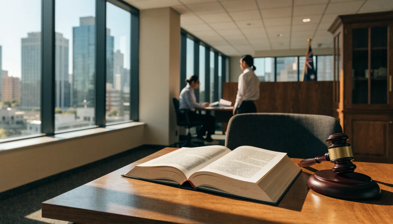 Australian office with law book, gavel, and flag