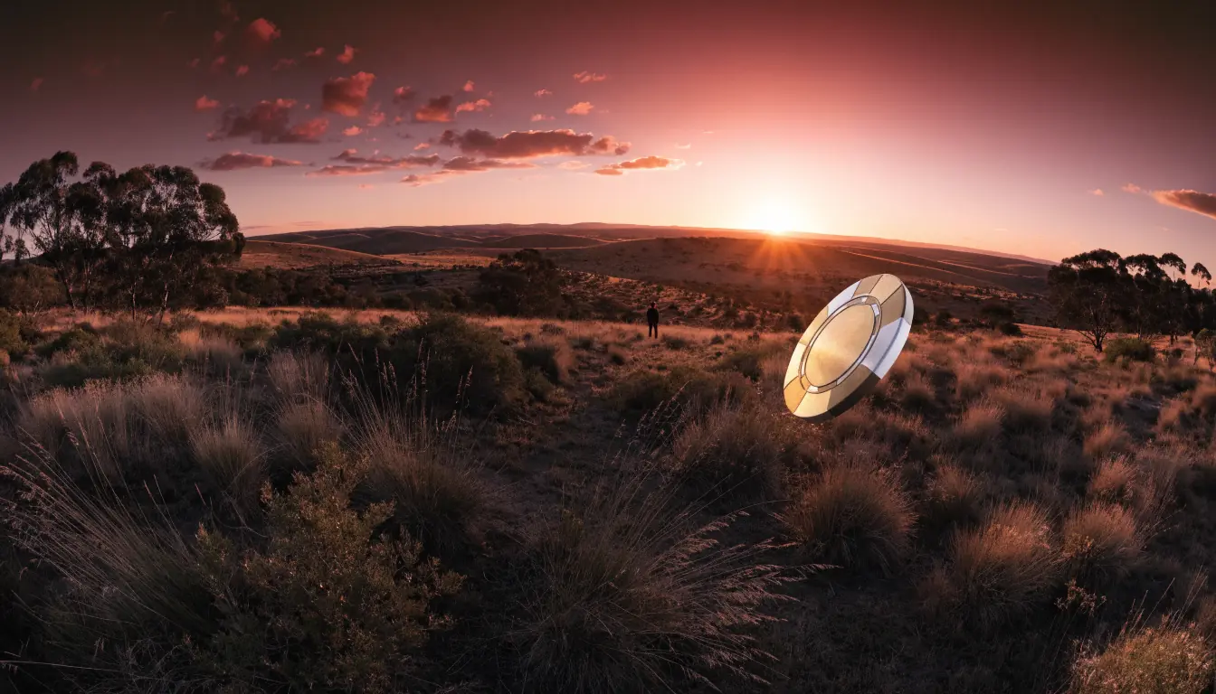 Casino chip floating over an Australian sunset landscape