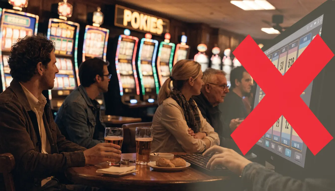 Australian pub with slot machines and crossed‑out online slot screen