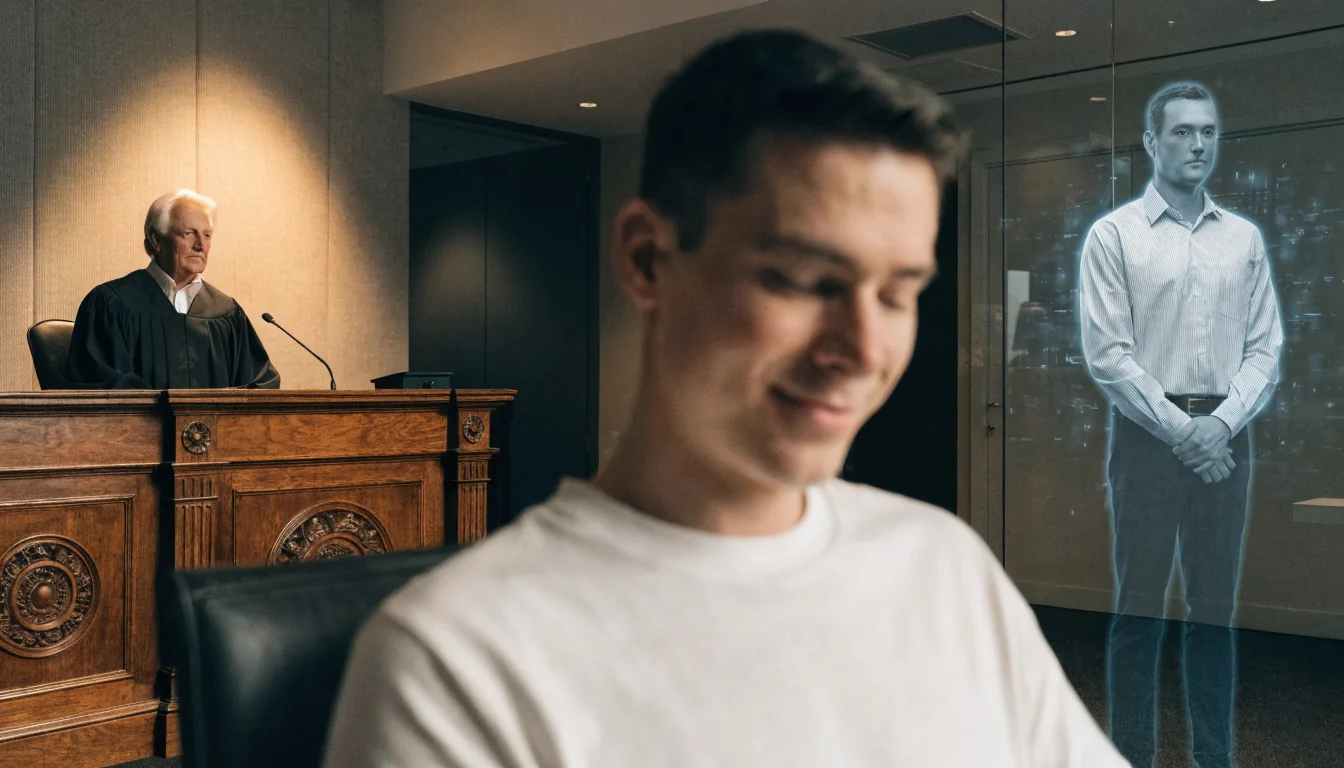 Courtroom with judge, casino operator avatar, and relaxed player