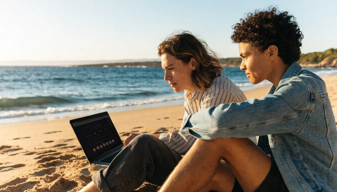 Australian couple on beach using laptop with casino game