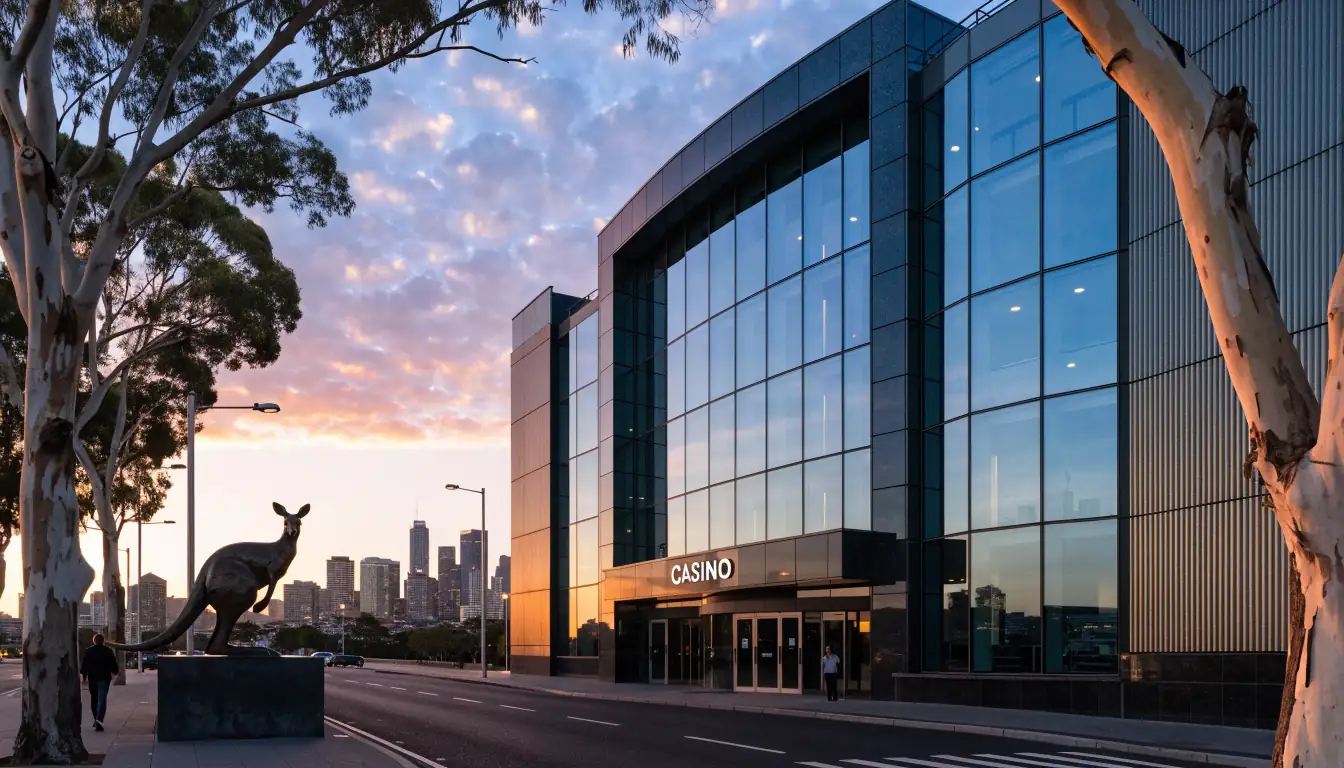 Australian casino building at sunset with kangaroo statue and city skyline