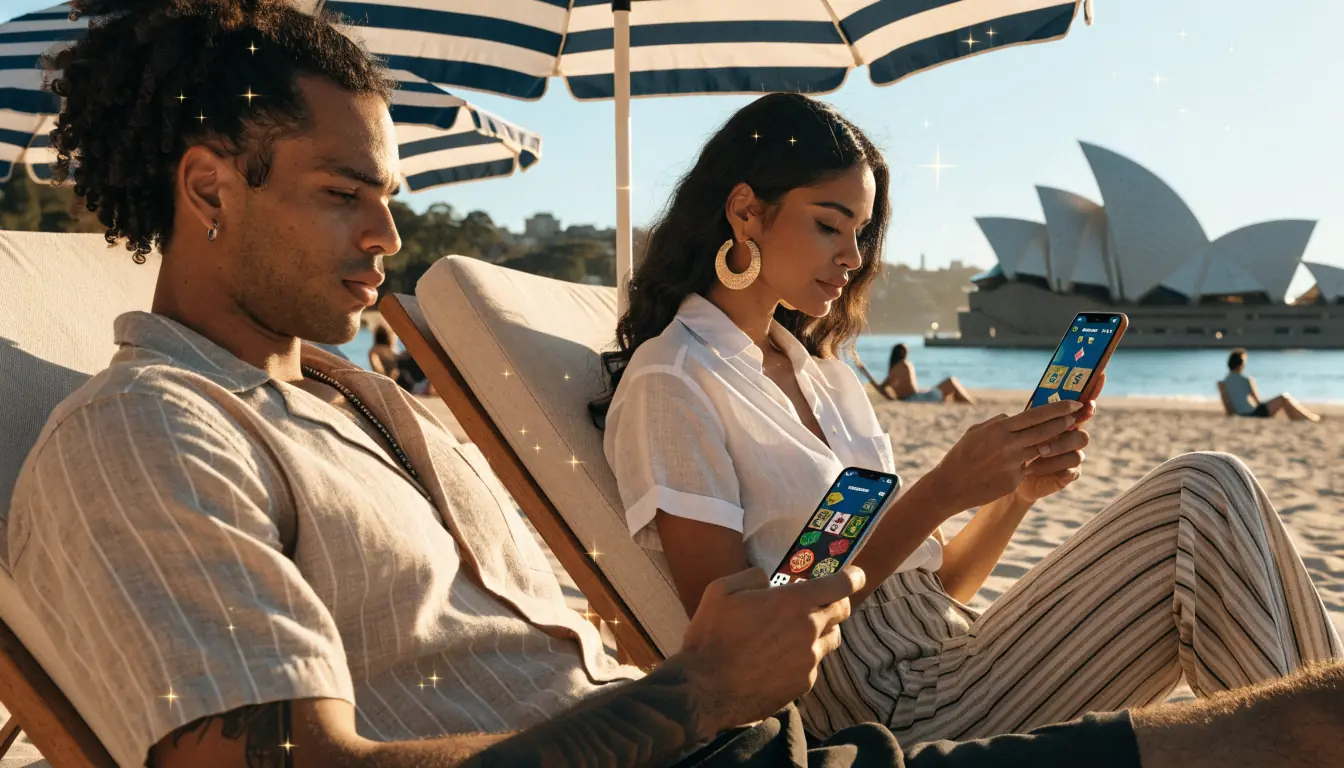 Couple on Australian beach using phones with casino graphics