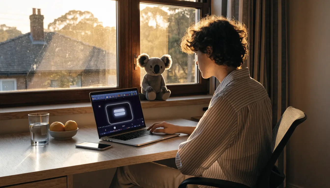 Australian person at desk using laptop with glowing digital wallet icon
