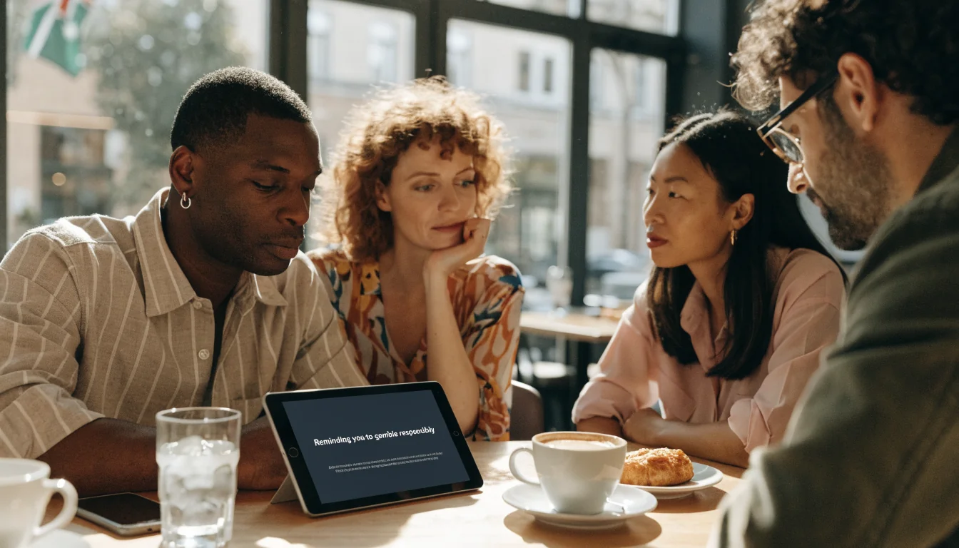 Australian adults reviewing responsible gambling reminder at cafe