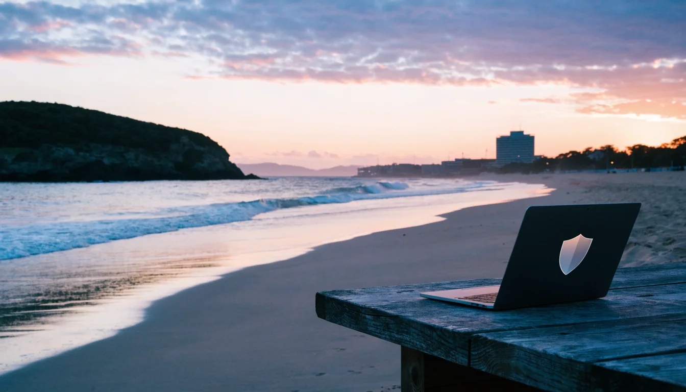 Australian sunset beach with laptop and privacy shield silhouette