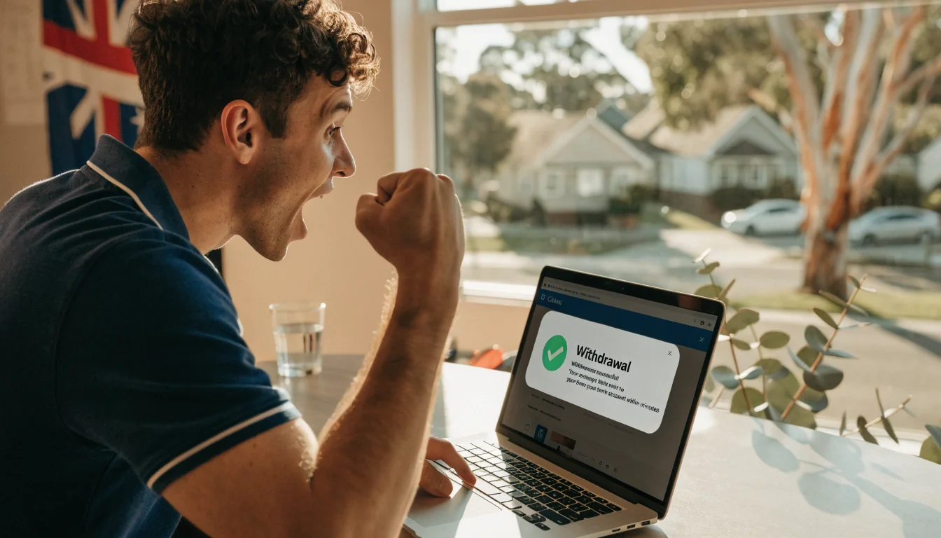 Australian man celebrating fast casino withdrawal on laptop