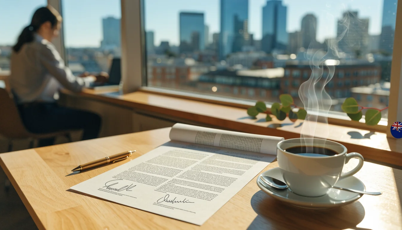 Australian office desk with contract, coffee, and eucalyptus leaves