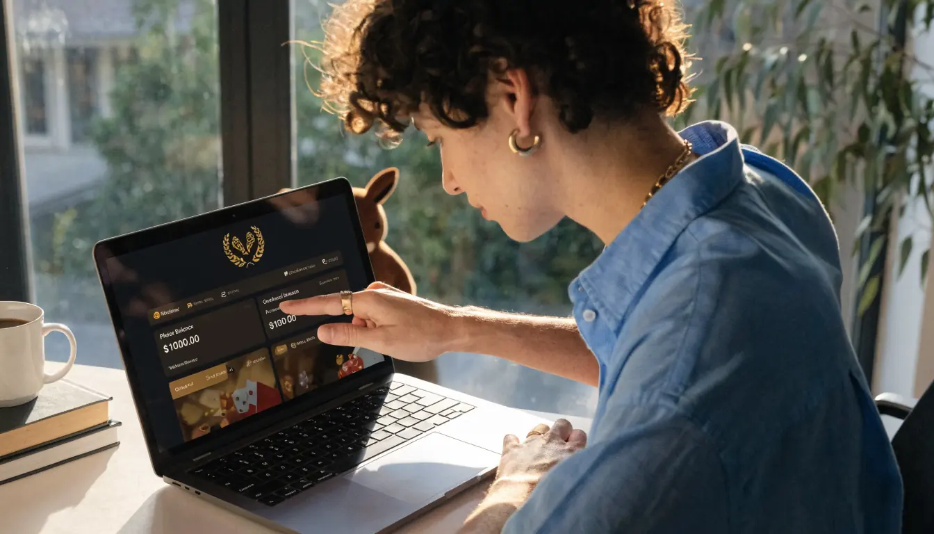 Australian person withdrawing casino funds on laptop, home office setting